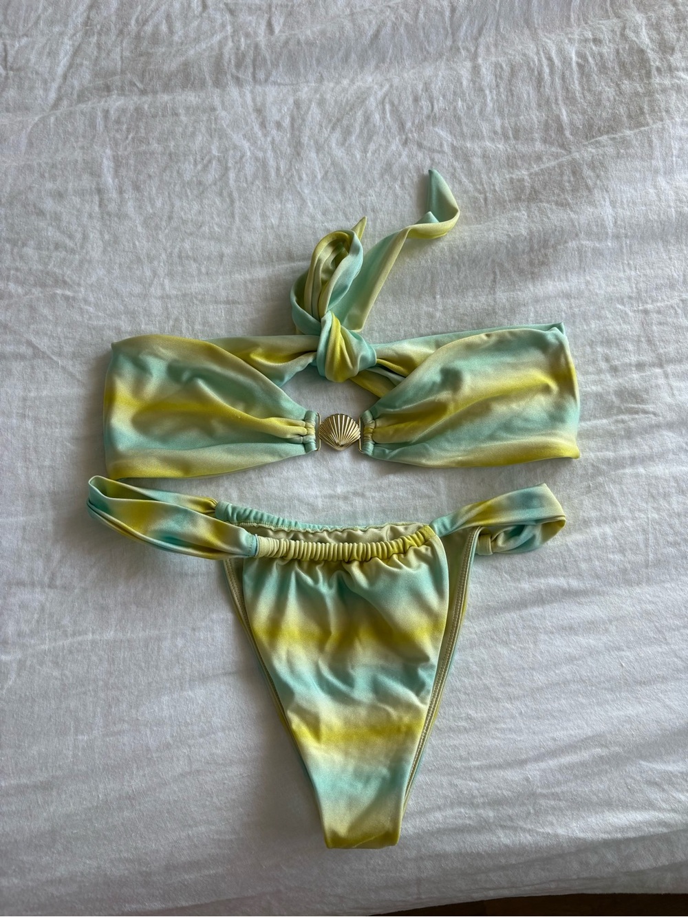 Tie-Front Seashell Detail Bikini in Aqua & Yellow